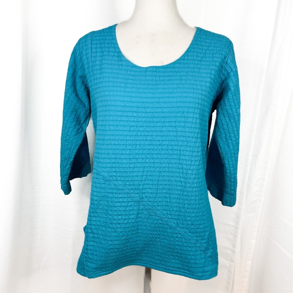 Vermont Country Store Top Womens S Teal  Cotton Crinkle Textured 3/4 Sleeves EUC